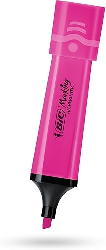BIC - Marcador de marcado plano, rotulador de plástico con tinta neón rosa fluorescente para notas suaves, reflejos precisos, ideal para escuela y