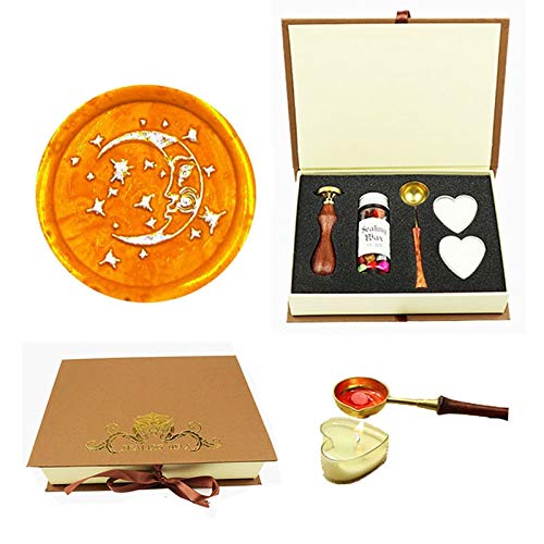 Moon Smile Wax Seal Stamp Kit, YGHM Gift Book Box Rosewood Handle Wax Beads Melting Spoon Set, Wedding Invitations Letters Vintage Seal Stamp