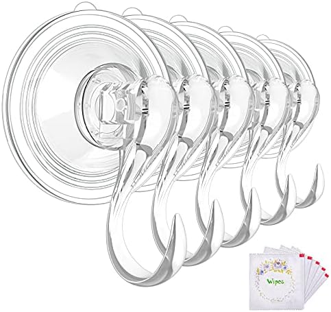 VIS'V Suction Cup Hooks, Large Clear Heavy Duty Vacuum Suction Hooks with Wipes Removable Strong Window Glass Door Kitchen Bathroom Shower Wall Suction Hanger for Towel Loofah Utensils Wreath - 5 Pcs