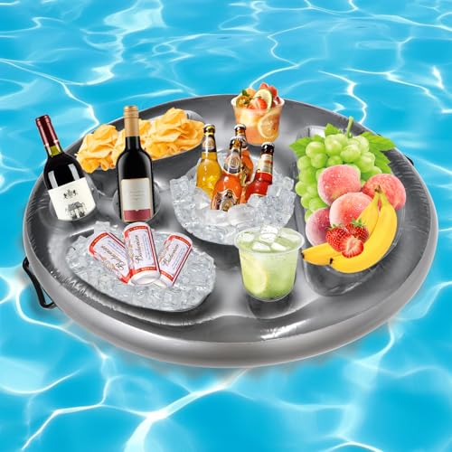 Forhandy Aufblasbarer Getränkehalter 2 in1 Schwimmendes Tablett für Pool & Whirlpool 8 Löcher Poolbar Aufblasbar für Snacks & Drinks 70x50cm Getränkehalter Schwimmend mit Griffe - Grau