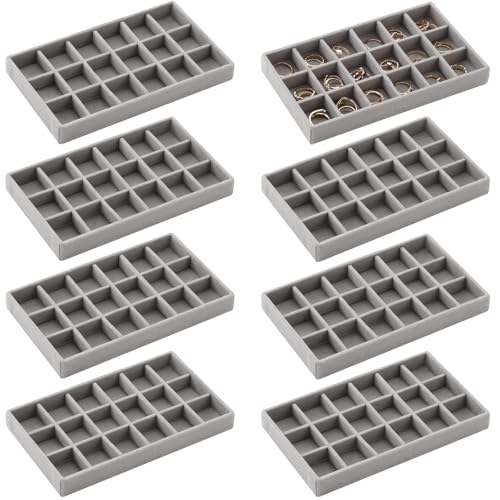 Highergo 8 stuks kleine fluwelen sieraden dienbladen stapelbare laden organizer trays ring oorbel opbergbakjes, 20 x 10 x 3 cm (grijs, 18 roosters)
