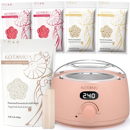 KOTAMU Digital Waxing Kit Pink for Women Men Home Salon, 1lb Unscented Hard Wax Beads for Face Eyebrows Armpit Legs Bikini Brazilian Full Body Thick &Thin Hair Removal