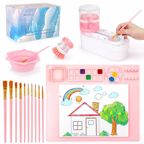 Painting Station Silicone Painting Mat 20X16 and Paint Brush Cleaner (Pre-Assembled) 10 Paint Brushes and Foldable Silicone Paint Brush Cleaner Bowl for Artist Kids Adults Birthday Gifts (Pink)
