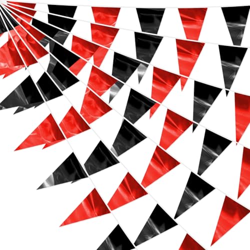 Image of 65FT Red Black Glitter Triangle Pennant Banner Flag Metallic Bunting Fabric Garland for Christmas Graduation Bachelorette Anniversary Engagement Wedding Anniversary Casino Party Decorations Supplies