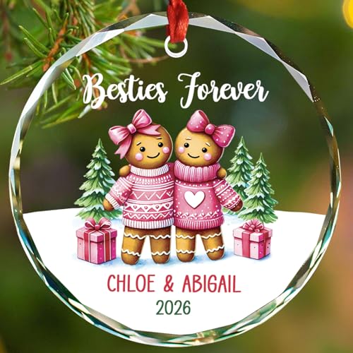 Customized Besties Forever Glass Ornament Xmas 2026, Personalized 2 Friends Gingerbread Christmas Ornament with Names, Friendship Keepsake Gift for Best Friends BFF Sisters, Besties Ornaments
