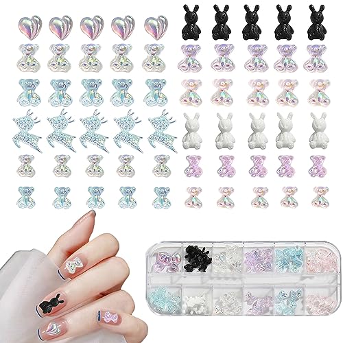 Bear Nail Charms, 72 pezzi a forma di cuore, orso ELK, resina per unghie in gomma 3D, decorazioni per unghie, per donne e ragazze