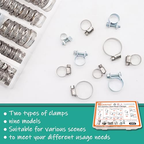 Image of Dianrui 55PCS Hose Clamp Assortment Kit 3 /8 inch Hose Clamps Stainless Steel 304 Worm Gear Hose Clamp & Fuel Injection Hose Clamps for Water Pipe, Plumbing, Tube and Automotive Diesel Petrol Pipe