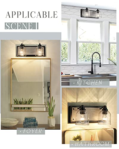 Image of 16 inch 2-Light Farmhouse Bathroom Vanity Light with Bubble Glass, Gray | Metal base with hand-painted wood-grain finish, 5.3 inch seeded glass, E26 Bulbs, mount up /down, for bathroom hallway
