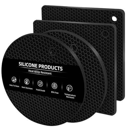 TWTLi Silicone Trivets for Hot Dishes, Set of 4 Trivet Mats, Heat Resistant Hot Pads for Kitchen Countertops, Non-Slip Honeycomb Pot Holders & Counter Protectors for Hot Pots & Pans (Black)