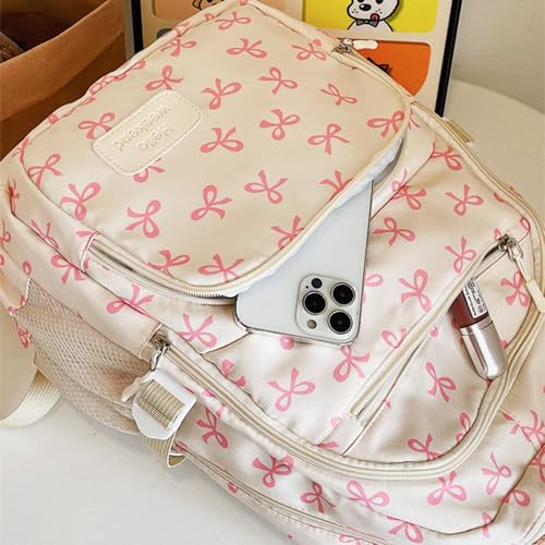 Coquette Bow Backpack-Laptop Backpack Cute Kawaii Backpack Set Nylon Aesthetic Daypack Bow Rucksack for Women,White Pink4