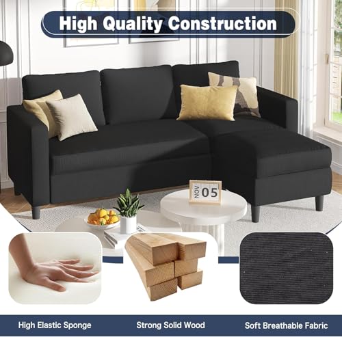 Shintenchi Modern Upholstered Sectional Sofa, L-Shaped Couch with Reversible Chaise for Living Room, Black Corduroy Fabric - Image 4