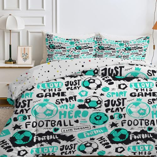 Couette 240x260 Ballon de FootBall, Couette Imprimée Style Européen, Couette 4 Saisons Édredon Lit 2 Personnes 240x260 cm avec 2 Taie d'oreiller 65x65, Réversible Couette Blanc Sans Housse -Ea130