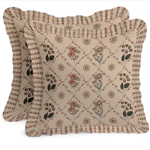 Vargottam Cotton Twill Frill Cushion Covers 16 Inch Square, Set of 2, Reversible Print, Farmhouse Throw Pillow Covers with Hidden Zipper - Floral Print