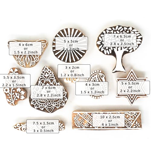 Image of Wooden Stamp Block, Printing Stamp Design Set | Block for Printing Saree Border | Dresses, Craft Card Making, Scrapbook, Clay Pottery | Set of 10