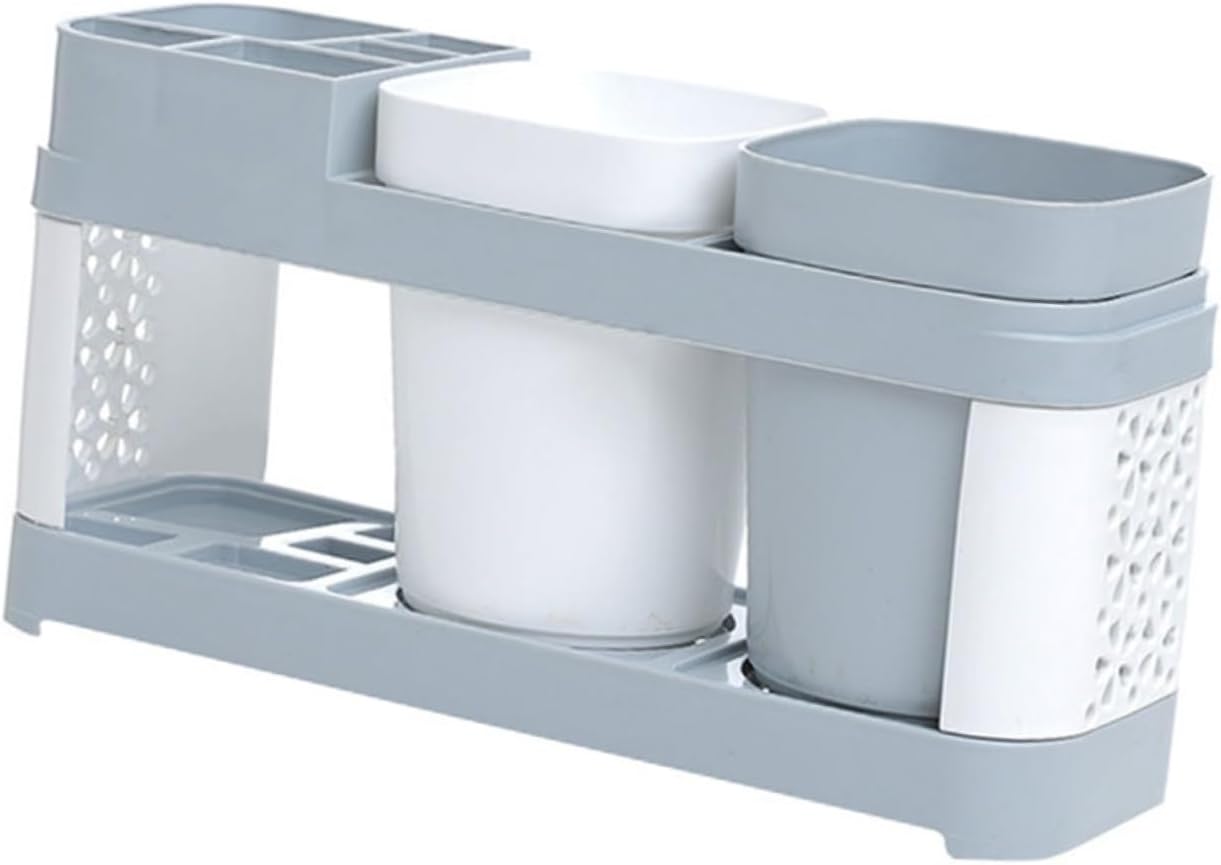 PRETYZOOM Multifunction Toothbrush Holder Set Plastic Cup, Desktop Toothbrush Rack in Grey White for Bathroom Storage and Home Use