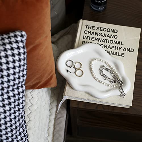 Image of Jewelry Dish Trinket Tray for Women, Ring Dish Holder, Unique Cloud Shape Ceramic Plate Cute Things Vanity Aesthetic Room Decor Mother's Day Birthday (White)