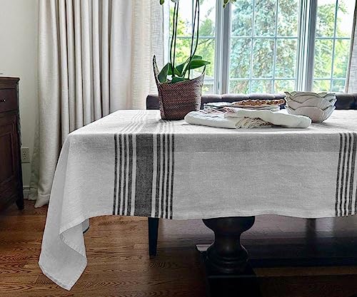 White Rectangle Tablecloth - 100% Pure Linen Tablecloth - Linen Tablecloth For 8-Foot Table - Black White Stripe Tablecloth - Black Linen Tablecloth - Table Cloth Rectangular - 63 X 98 Black Striped #TOP30
