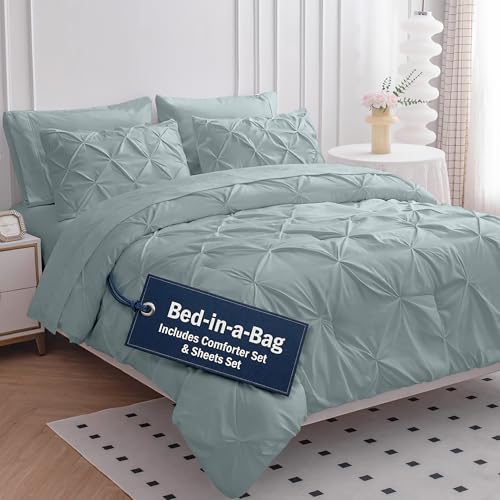 LANE LINEN Bedding Comforter Set Full Size, 7 Piece Full Size Bed in a Bag Set, Soft Bedding Sets Full Size, Pintuck Full Bed Set, Full Comforter Sets with Sheets, Pillowcases & Shams - French Blue