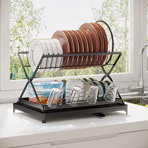 1Easylife Dish Drying Rack Collapsible: 2-Tier Dish Rack With Drainboard, Self Draining Dish Dryer For Kitchen Counter Rustproof, Foldable Utensil Drainer With Cup Holder Free Towel #TOP4