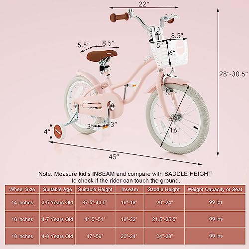 Baby Joy Kids Bike, 14 16 18 Inch Boys Girls Bike For 3-8 Years Old W/Training Wheels, Adjustable Seat, Removable Basket, Handbrake And Coaster Brake, Kids Bicycle (Pink & Turquoise) #TOP5