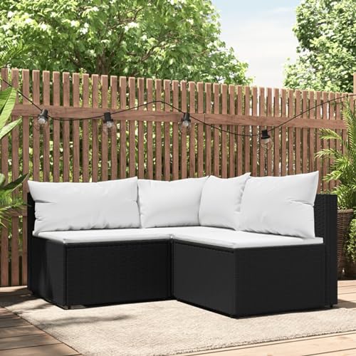 NITCA 3-TLG. Balkon Lounge Rattan Ecksofa Klein Schwarz und Weiß, Outdoor Sofa L Form, Möbel mit Kissen, Balkonmöbel Kissenfarbe Weiß