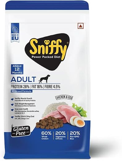 Sniffy Adult Dry Dog Food - 3kg | Real Chicken & Egg, Power Packed High Protein Diet for All Breeds | Gluten Free Food for...