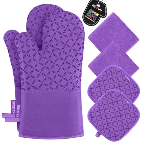 Image of KEGOUU Oven Mitts and Pot Holders 6pcs Set, Kitchen Oven Glove High Heat Resistant 500 Degree Extra Long Oven Mitts and Potholder with Non-Slip Silicone Surface for Cooking (Purple)