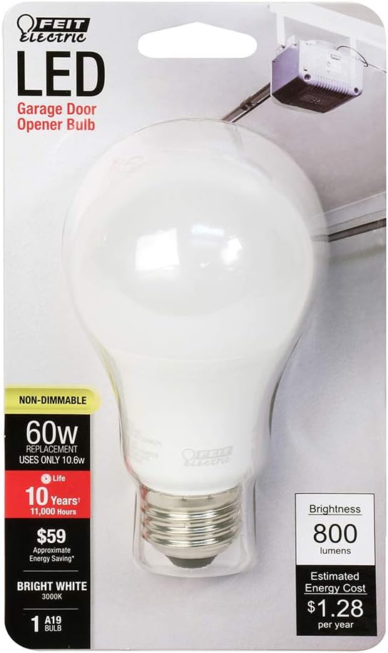 Feit Electric A19 LED Light Bulb, 60W Equivalent, E26 Medium Base, 800 Lumens, 3000K Bright White, Non-Dimmable Standard Garage Door Opener Light Bulb, 10-Year Lifetime, OM60930CA/10KLED/GAR