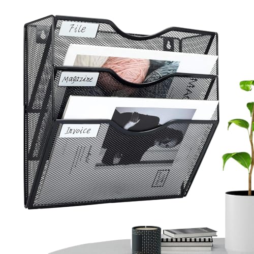 Organizador de archivos de pared – Estante metálico de 3 niveles, bandeja para documentos colgante | Estante de almacenamiento de malla con ganchos, revistero de papel vertical con escenario de puerta