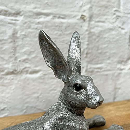 Darthome Ltd Silver Resin Lying Hare Rabbit Animal Home Sculpture Figurine Ornament Gift Art 16cm, Silver, Chrome