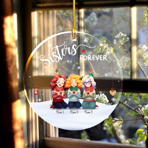 Sisters We Forever Clear Plastic Ornaments, Christmas Decorations Personalized Name Three Girls Wear Sweater Scarf with Wine Glass Acrylic Ornaments, Gifts for Sister Friends Siblings Bestie4