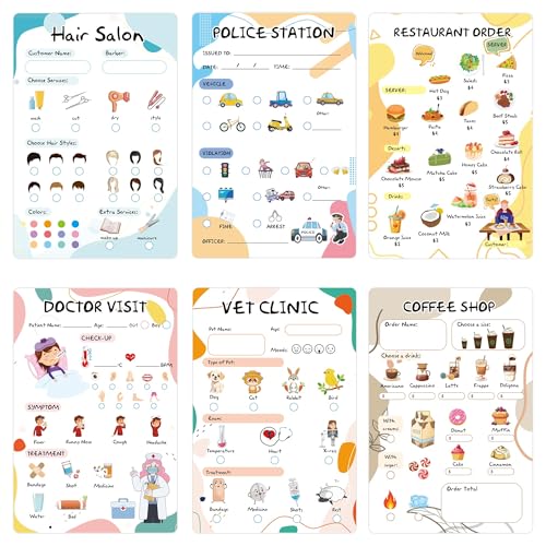 Well Tile 6 Pack Playtime Notepads 4X6 Inch-Restaurant Doctor Police Vet Coffee Salon Notepads, Imaginative Role Play,40 Sheets/Pack