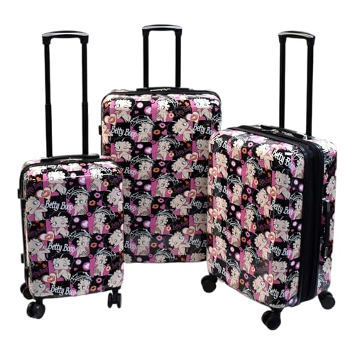 Betty Boop-themed hard luggage set. Carry-on, medium and large size. Designed with spinning wheels, expandable and TSA lock. Perfect for Betty Boop fans with fashion and function every trip (#CT1)