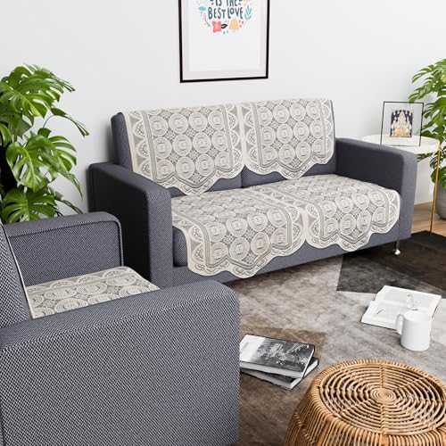 Image of Kuber Industries (Set of 6) Stylish & Durable Cotton Sofa Covers 2+1 Seater | Washable Sofa Protector /Mat & Slipcover for Living Room & Office | Plain Circle - Off White
