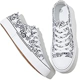 Adokoo Canvas Tennis Shoes for Women Low Top Casual White Beige Flower Sneakers for Women Lace Up Fashion Comfortable Walking Shoes (Beige Flower,8.5)
