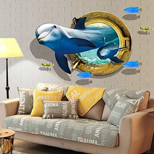 Ocean World Wall Stickers, 3D Blue Dolphin 3D Shark Broken Wall Stickers Tropical Fish Diy Wall Decals Art Decor For Kids Boys Bedroom Playroom (Color 3) #TOP4