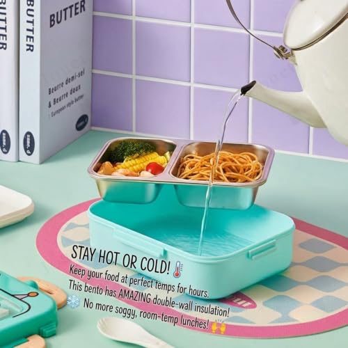 Image of JOUET 700ml Stainless Steel 3 Compartment Lunch Box with Foldable Spoon & Gravy Container, Kids Tiffin Box for School, Office & Travel - Green