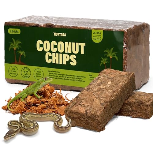 NURTARA Coconut Chips Substrate 2 Bricks | 1.1 Lbs Each | Reptile Bedding for Ball Python, Bearded Dragon, Tortoise, Gecko, Lizard, Frog | Odor Absorbing | Coconut Chips for Plants, Orchid Bark Mulch