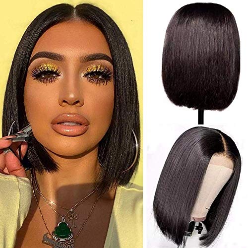 LVEYEZMO Short Bob Wigs Human Hair 4X1 Middle Part Bob Wigs for Black Women 12 Inch 150% Density Lace Closure Brazilian Straight Virgin Hair with Baby Hair Pre-Plucked Natural Black