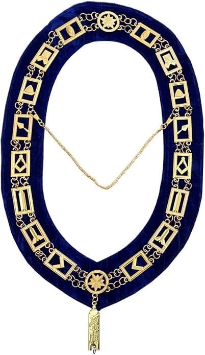 Masonic Blue Lodge Officer Chain Collar Navy Blue Velvet Gold-Plated Chain + Masonic Officer Jewel