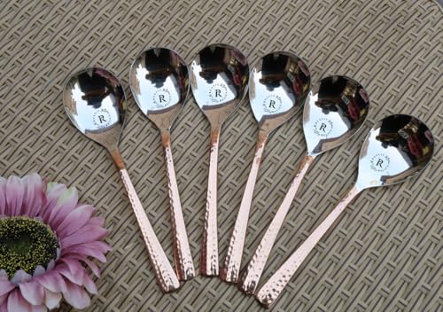 Image of Stainless Steel and Copper Made Serving Spoon Set - Pack of 6 | Metal Kitchen Dining and Cutlery | Steel and Copper Metalic Finish | A Touch of Elegance to Your Dining and Serving