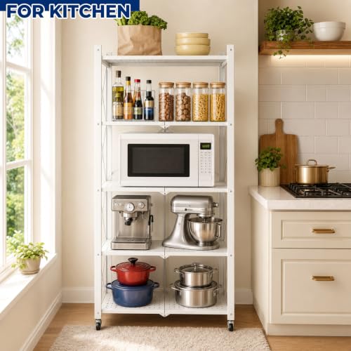 Image of 5 Tier Foldable Storage Shelf with Wheels, Heavy-Duty Metal Shelving Unit, No Assembly Book Shelf Rolling Storage Rack for Garage, Kitchen, Pantry, Closet, Exhibition, Office Decor, White
