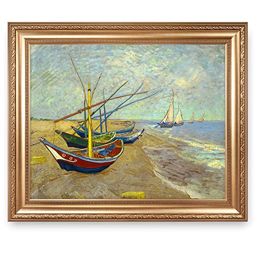 A&T ARTWORK Boats at Saintes Maire by Vincent Van Gogh.Framed Size:36x30 inches,Image Size:30x24 inches Van Gogh.World Classic Reproductions For HomeDecor,Wide Gold Embossing Frame