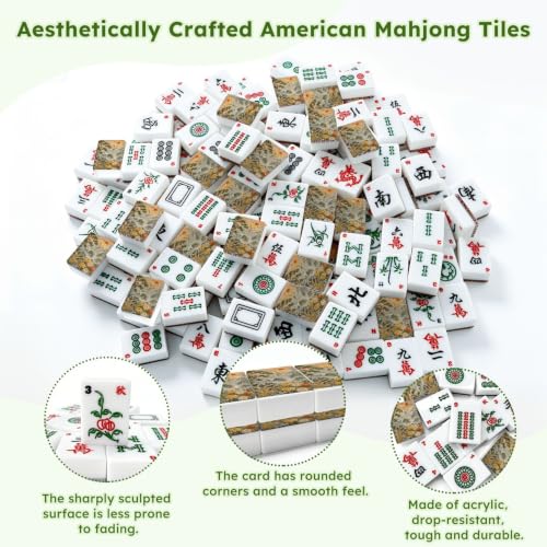 VETEB American Mahjong Tile Set White Birds Mountain Waterfall Peonies Pine Tree Golden Sunrise 166 Acrylic Mahjong Tiles 1.4" Large Mahjong Game Set with Bag and Accessories for Gift Travel Party - Image 6