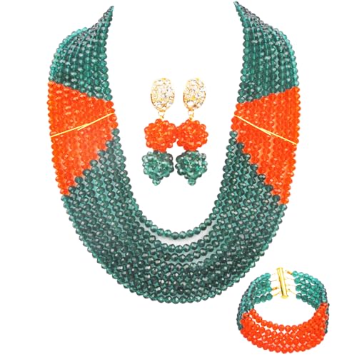aczuv 8 Lines Statement Strand Necklaces Nigerian Wedding African Beads Jewelry Set Crystal Bridal Jewelry Sets (Army Green Orange)