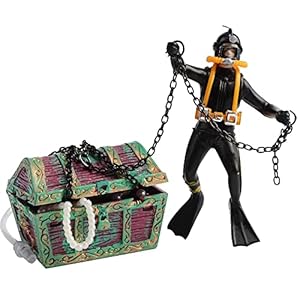 Eyech Live-Action Aquarium Ornament, Undersea Treasure Chest Diver, Air Bubbler Aerating Fish Tank Decorations Black