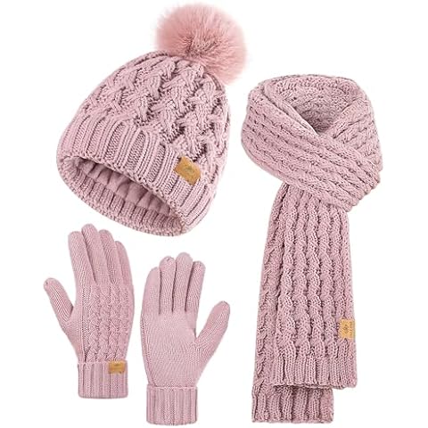 PAGE ONE Womens Winter Knitted Beanie Hat Warm Fleece Lined with Pompom Cap Thick Slouchy Snow Knit Skull Ski Cap Cover