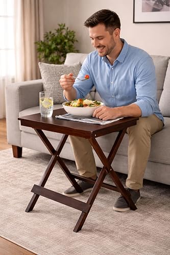 Image of fplus Teak Wood Compact Folding Table 18x20x24 Inches | Foldable Stool-Table for Balcony & Study