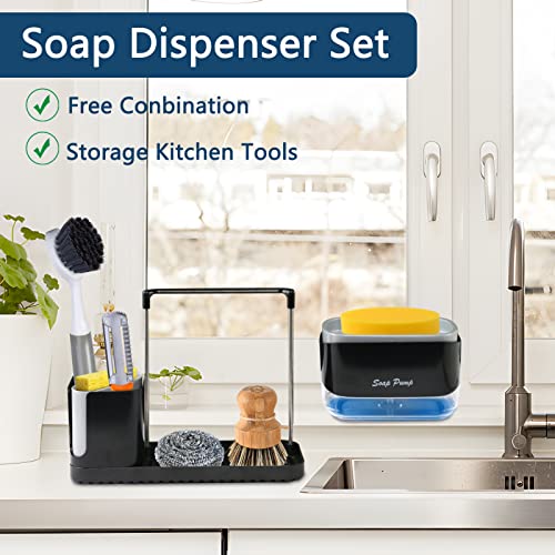 Kitchen Soap Dispenser With Sponge Holder, Soap Pump Dispenser Set With Brush Holder, Detachable Soap Dispensing And Sponge Holder, Countertop Sponge Caddy Soap Dish Dispenser For Kitchen Sink, Black #TOP1
