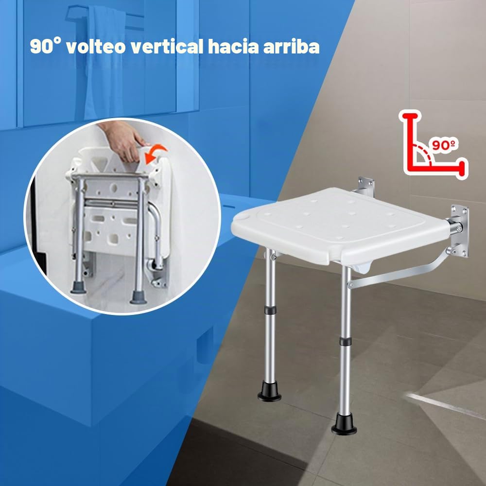 Taburete de ducha plegable de pared, taburete de baño atornillado, con patas antideslizantes, agujero de drenaje, ranura para cabezal de ducha para personas mayores con discapacidad, 42~53 mm, altura